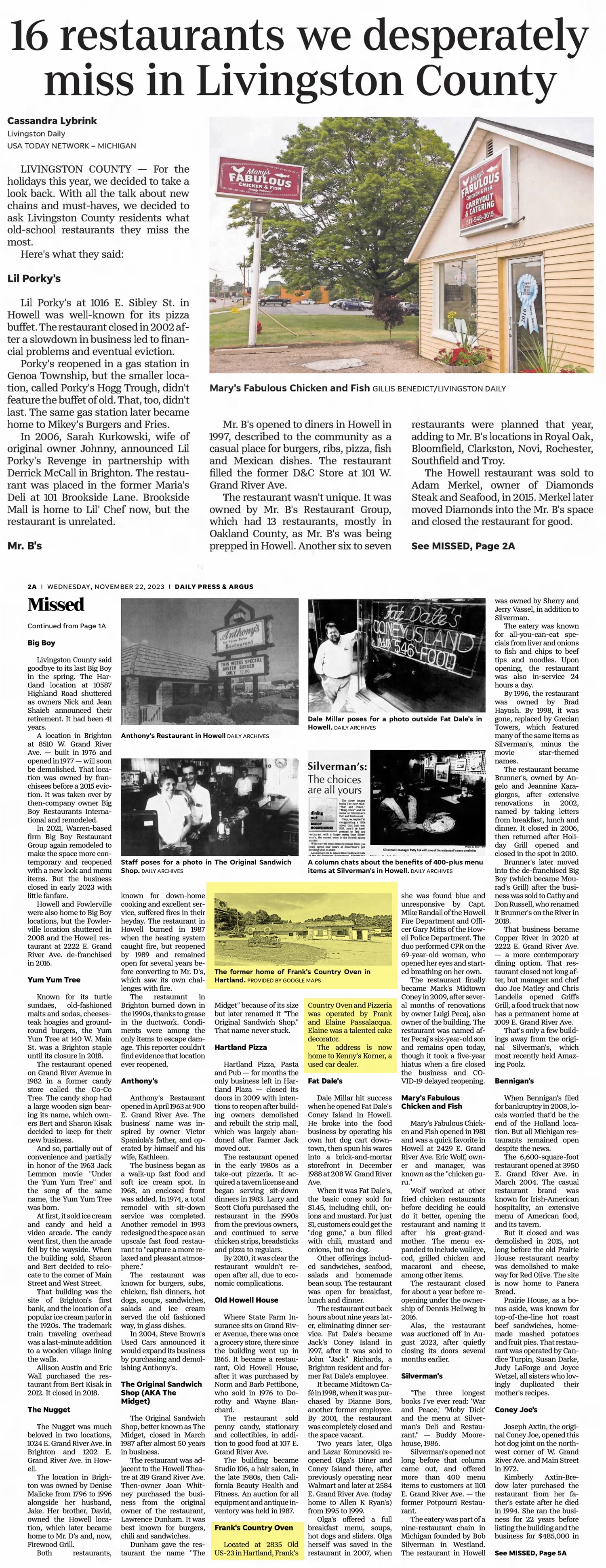 Pennys Restaurant (Dicks Lunch, Franks Country Oven) - Nice Article On Old Livingston County Restaurants - Nov 22 2023 Article